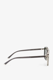 Gucci men’s acetate sunglasses in metallic gray with square frames and subtle temple branding for stylish wear