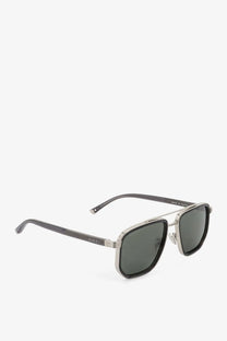 Gucci men’s acetate aviator sunglasses with silver frame and dark gray lenses featuring a sleek modern design