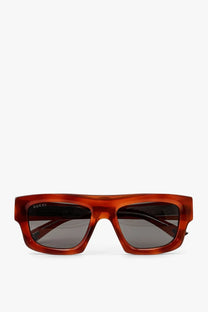 Gucci men’s acetate sunglasses with tortoiseshell rectangular frame and dark gray lenses