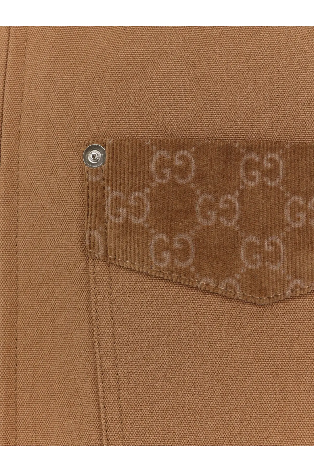 Brown corduroy patch pocket with subtle gg monogram and silver snap button on beige gucci men’s canvas jacket