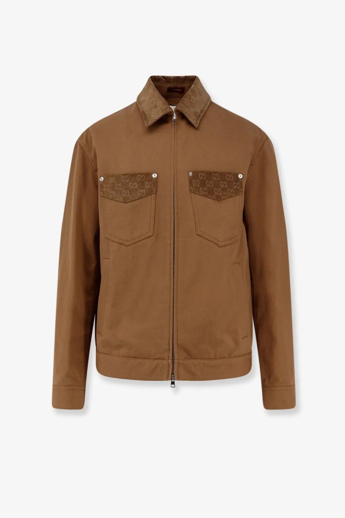 Gucci men’s beige canvas jacket with brown signature gg logo patches on chest pockets and collar