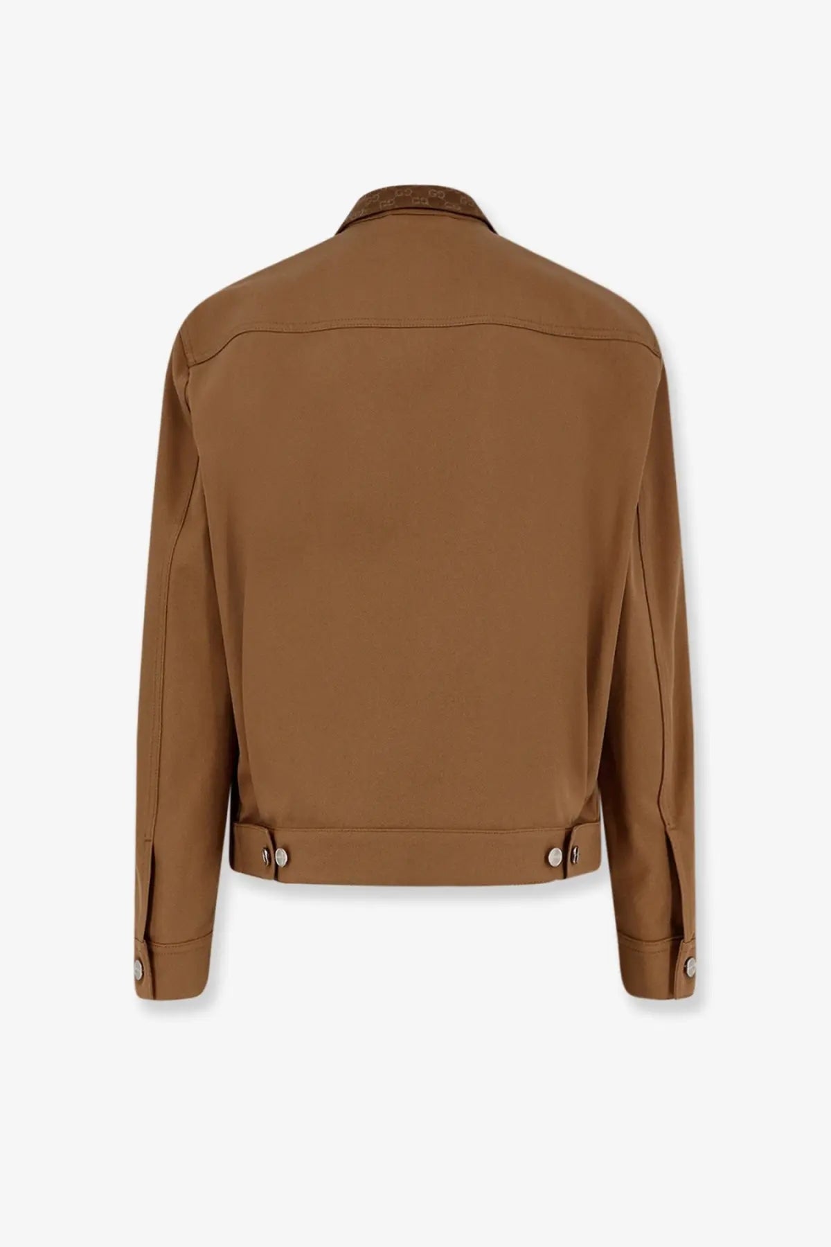 Gucci men’s beige canvas jacket with tan leather classic collar and buttoned cuffs