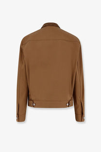 Gucci men’s beige canvas jacket with tan leather classic collar and buttoned cuffs