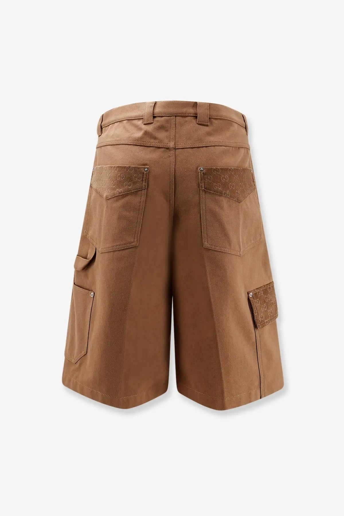 Back view of gucci men’s beige canvas cargo shorts with tan color and brown gucci logo patches on pockets