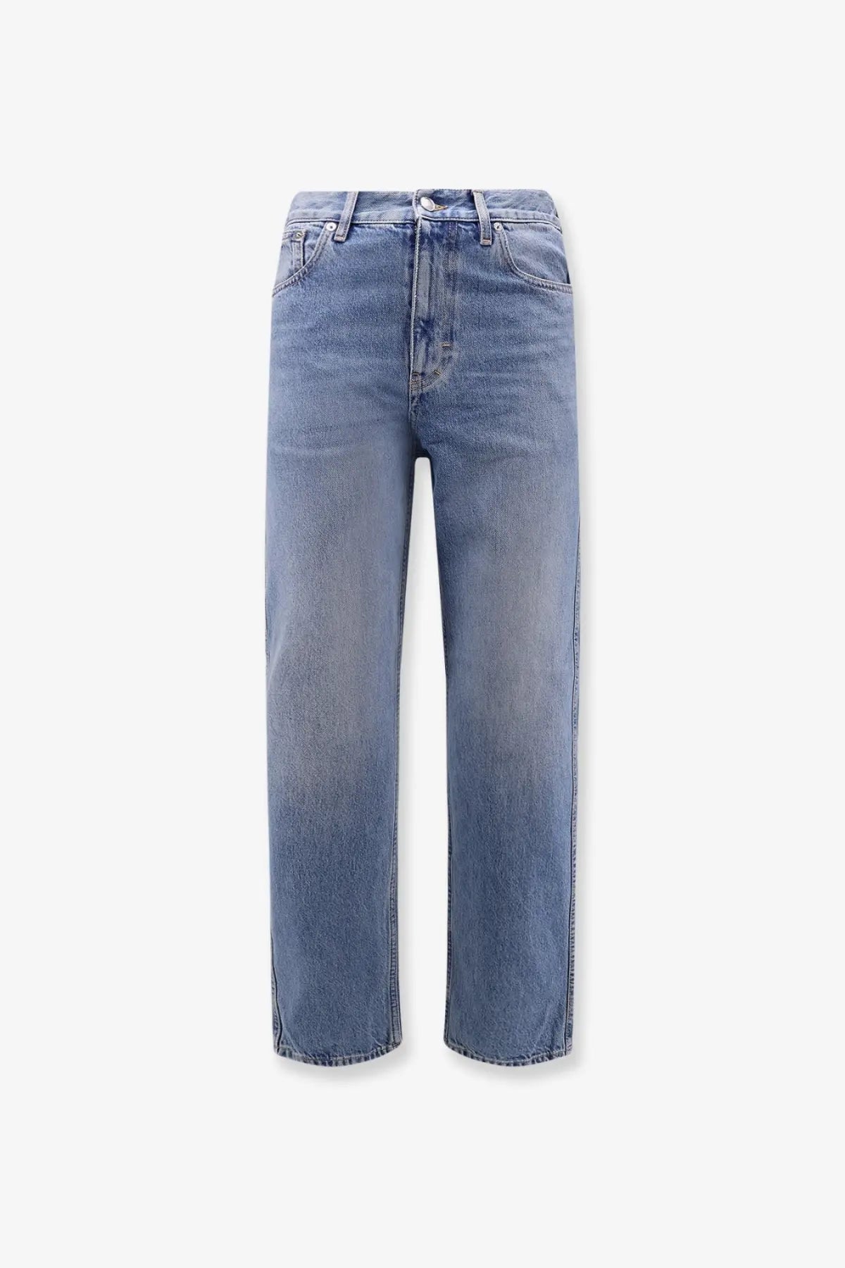 Gucci men’s slim fit high-rise straight-leg denim jeans in faded medium-blue certified cotton with button fly