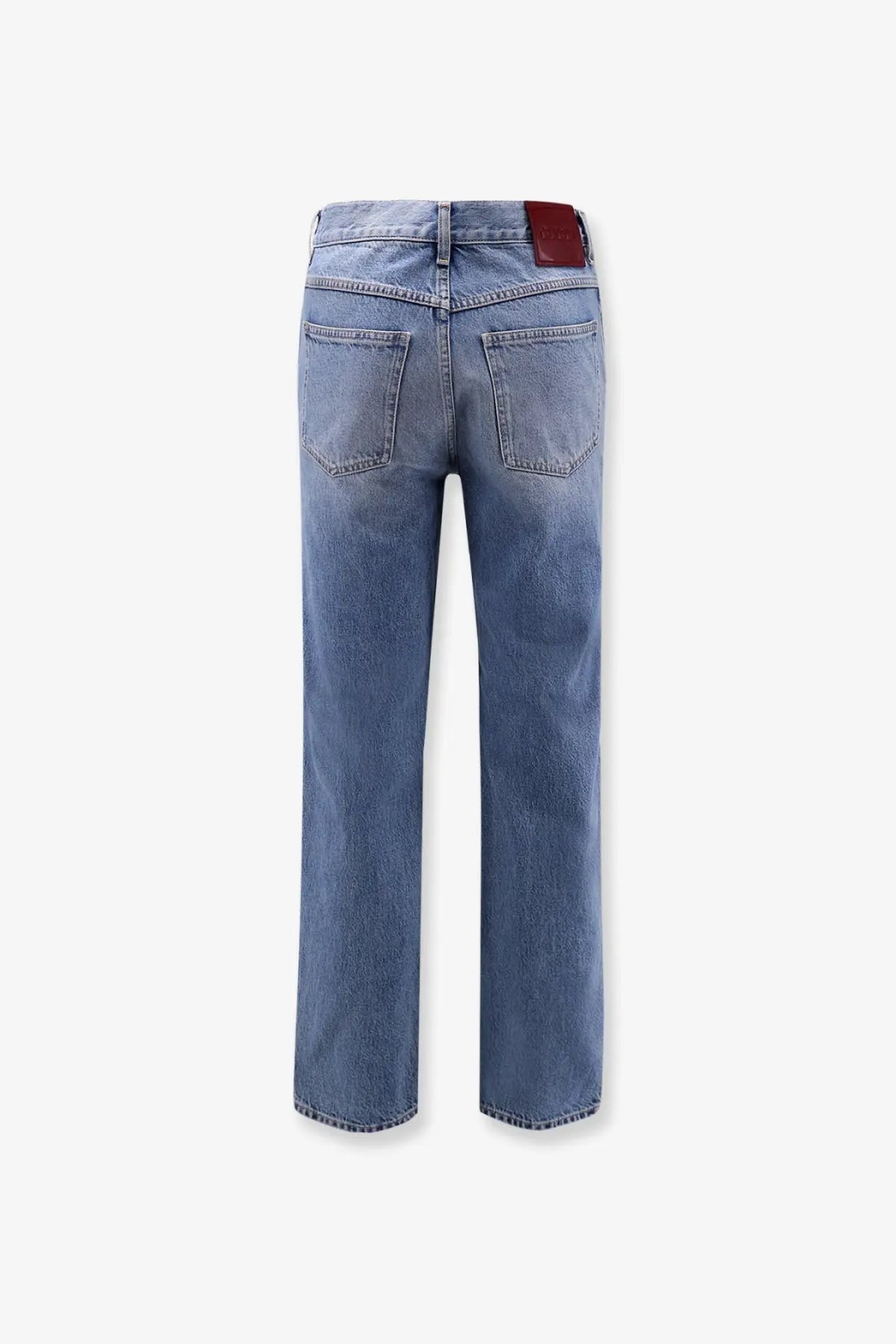 Light-wash denim Gucci men’s certified cotton slim fit jeans with straight-leg cut and red leather waistband patch