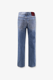 Light-wash denim Gucci men’s certified cotton slim fit jeans with straight-leg cut and red leather waistband patch