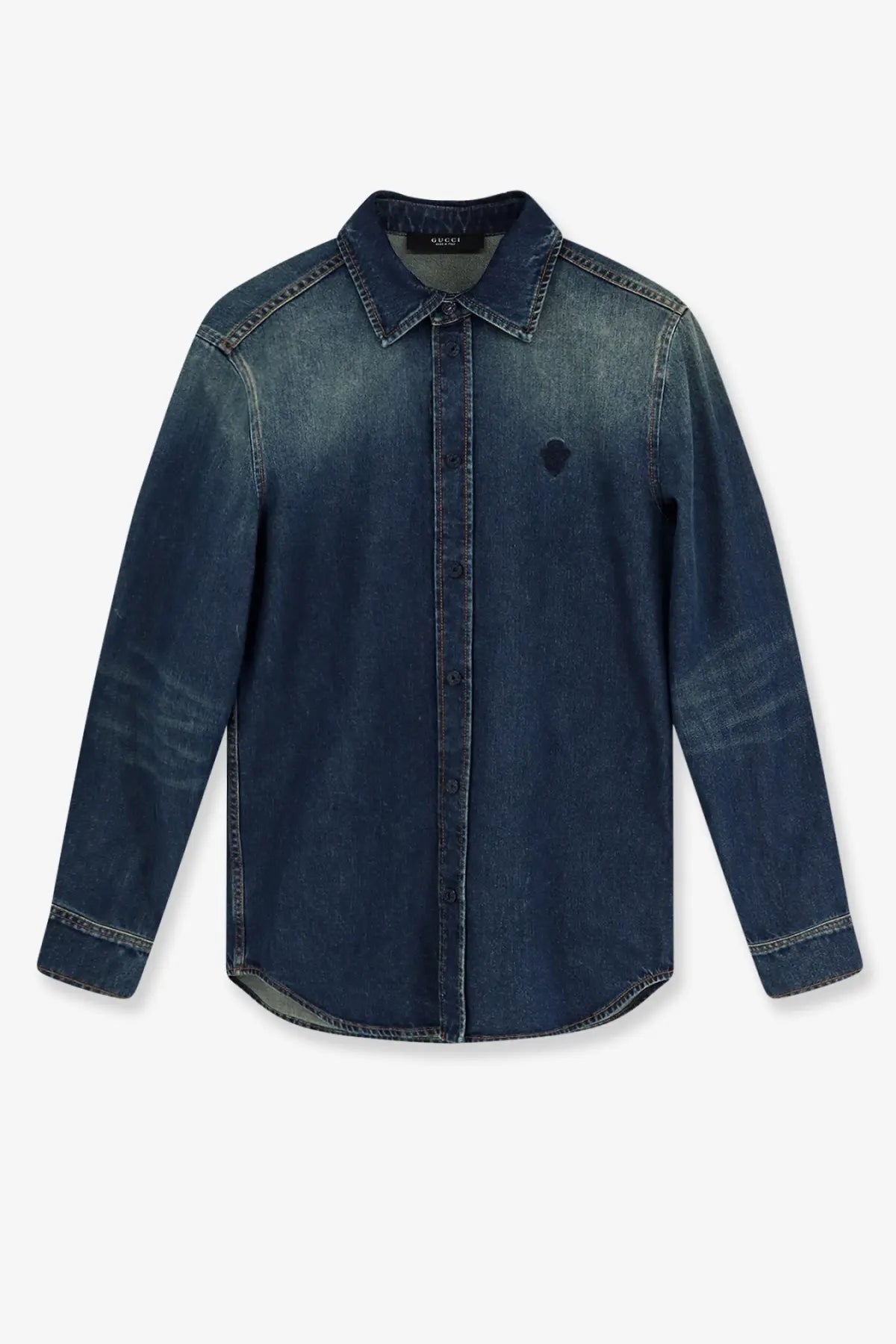 Gucci men’s dark blue denim button-up shirt with subtle heart-shaped patch made of certified washed cotton