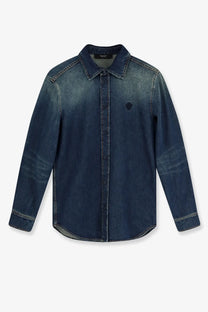 Gucci men’s dark blue denim button-up shirt with subtle heart-shaped patch made of certified washed cotton
