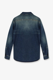 Gucci men’s certified washed cotton denim shirt blue with classic collar and buttoned cuffs in dark blue