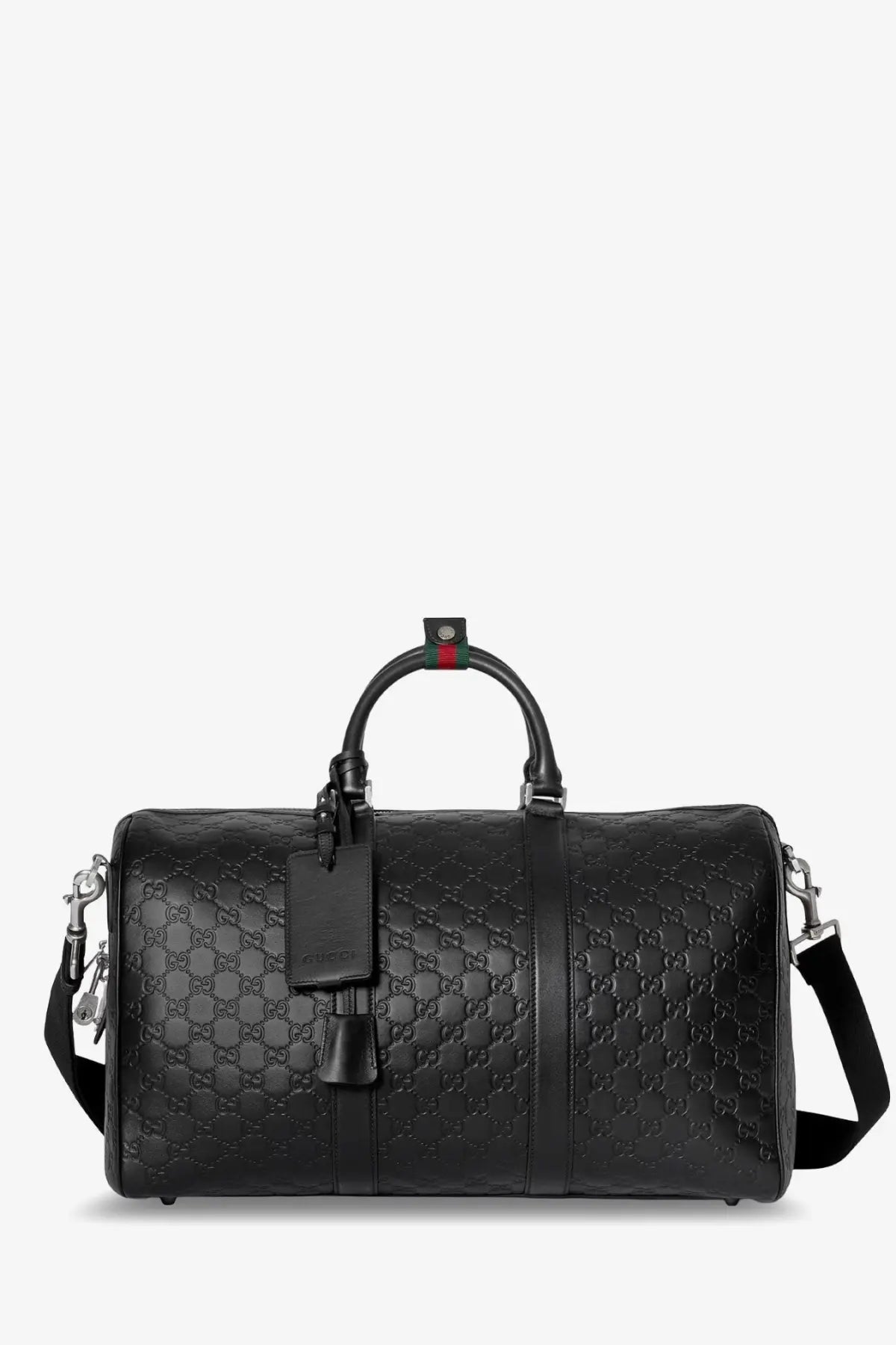 Black Gucci men’s coated canvas GG emblem travel bag with leather duffel design and red green webbing handle accent