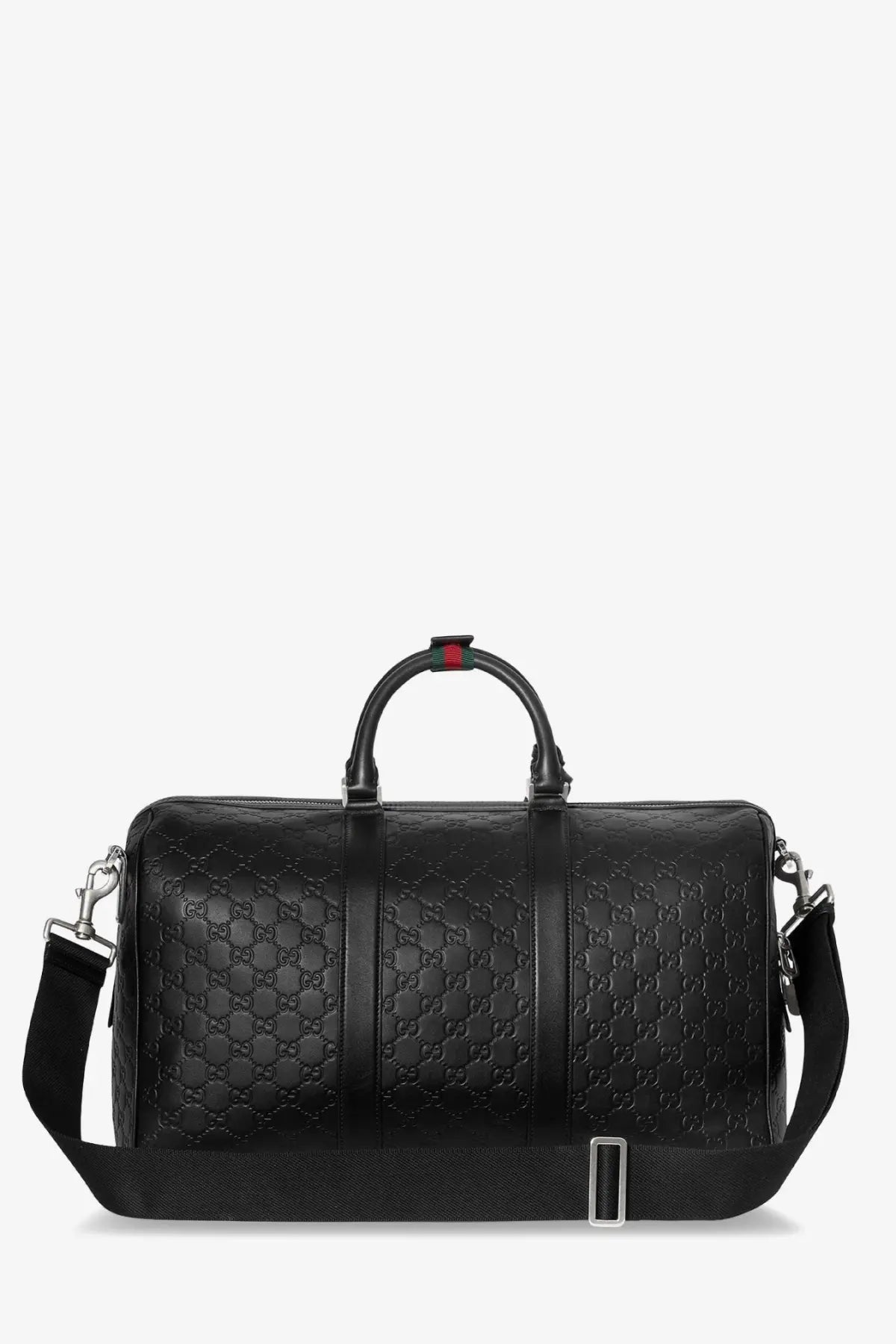 Black gucci gg supreme leather duffel bag with signature interlocking g pattern and red handle accent for travel