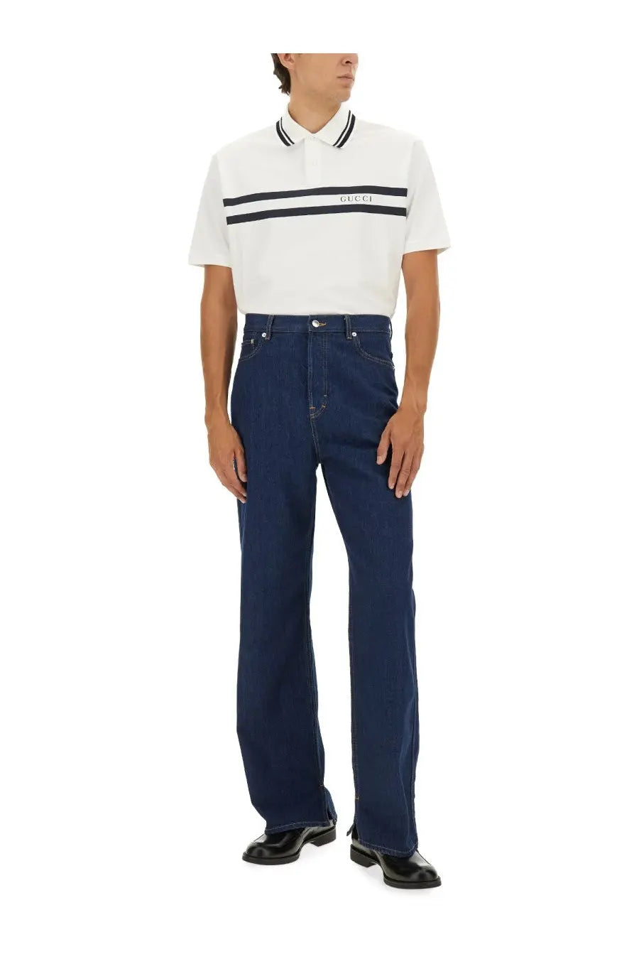 Gucci men’s white cotton pique polo shirt with black stripes and collar trim for stylish casual wear