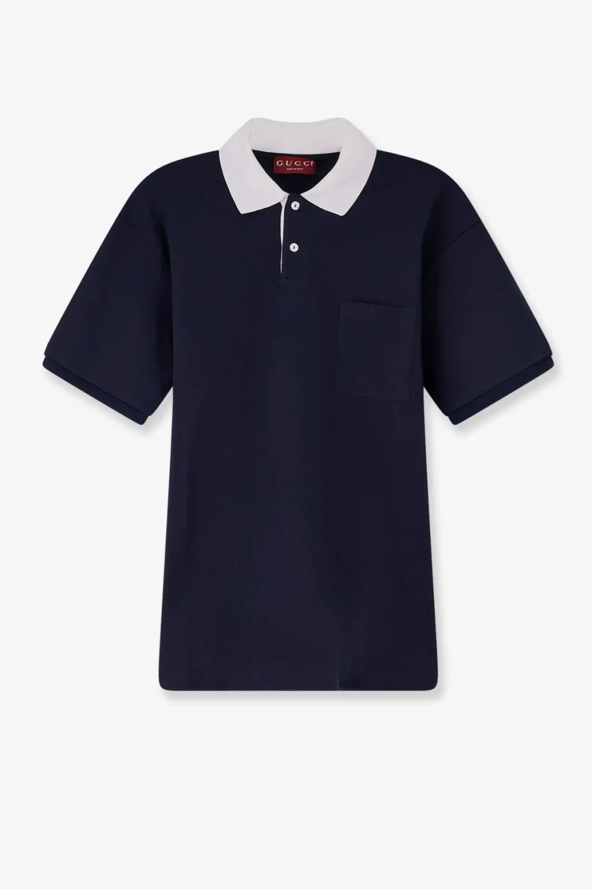 Gucci men’s cotton piquet polo shirt in navy blue with white collar and button placket for casual wear