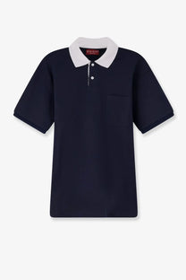 Gucci men’s cotton piquet polo shirt in navy blue with white collar and button placket for casual wear