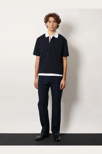 Gucci men’s cotton piquet polo shirt black navy blue with white collar hem and subtle striped placket detail