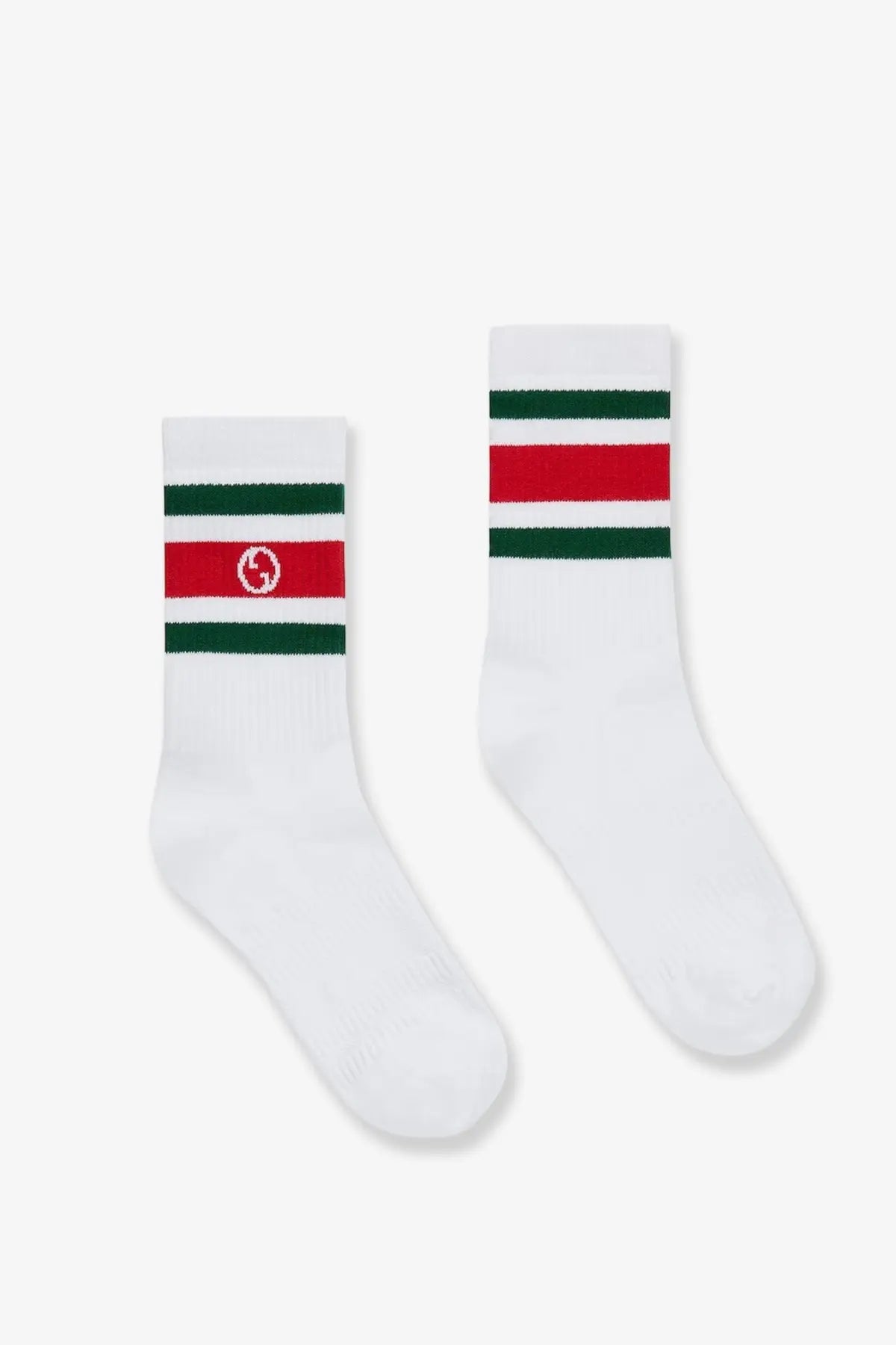 White gucci men cotton socks with red and green stripes and circular logo on the ankle