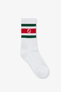 White gucci men’s cotton sock with red and green striped bands and interlocking g logo for casual wear
