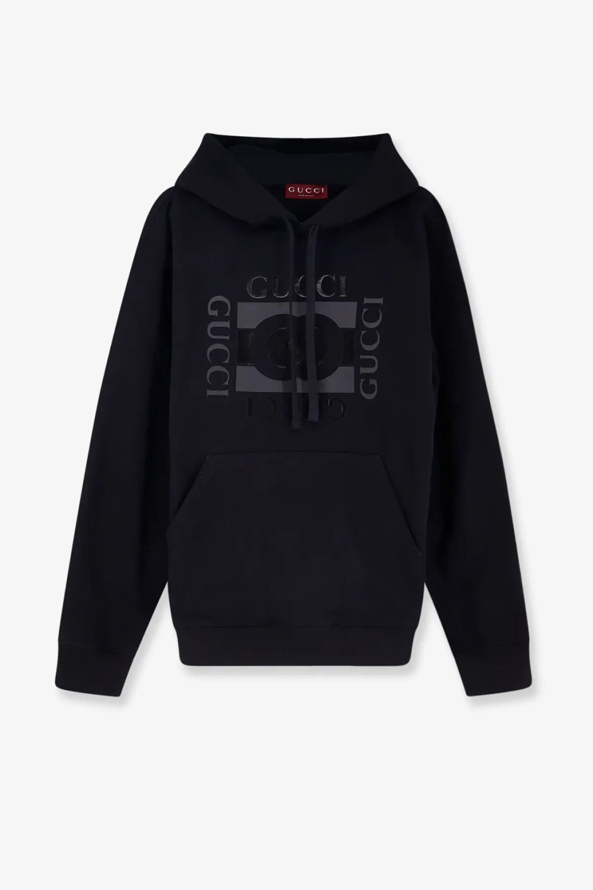 Black gucci men’s cotton sweatshirt featuring a bold embossed logo with vertical brand name around a rectangular motif