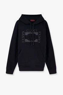 Black gucci men’s cotton sweatshirt featuring a bold embossed logo with vertical brand name around a rectangular motif
