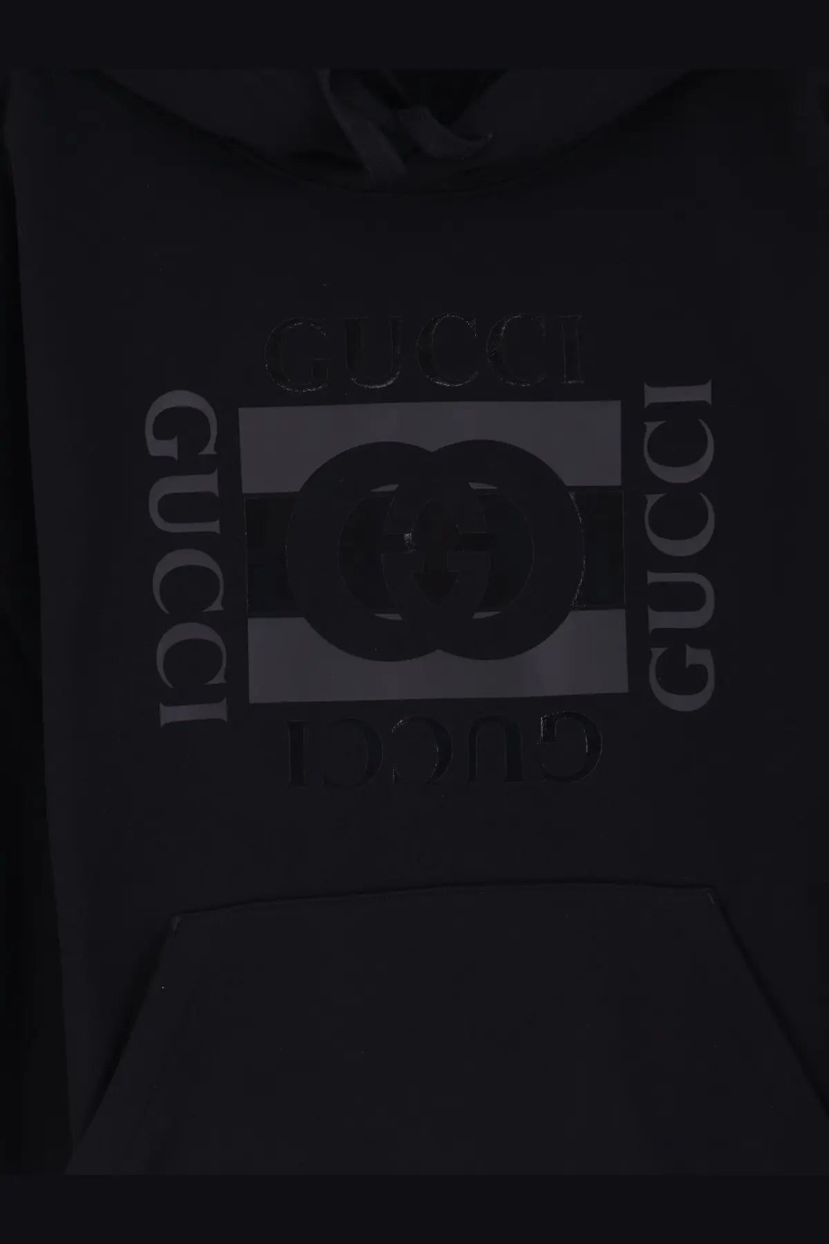 Black gucci men’s cotton sweatshirt featuring a prominent interlocking gs logo and vertical brand name print