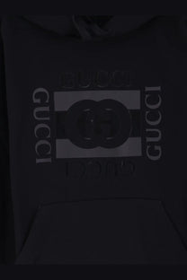Black gucci men’s cotton sweatshirt featuring a prominent interlocking gs logo and vertical brand name print
