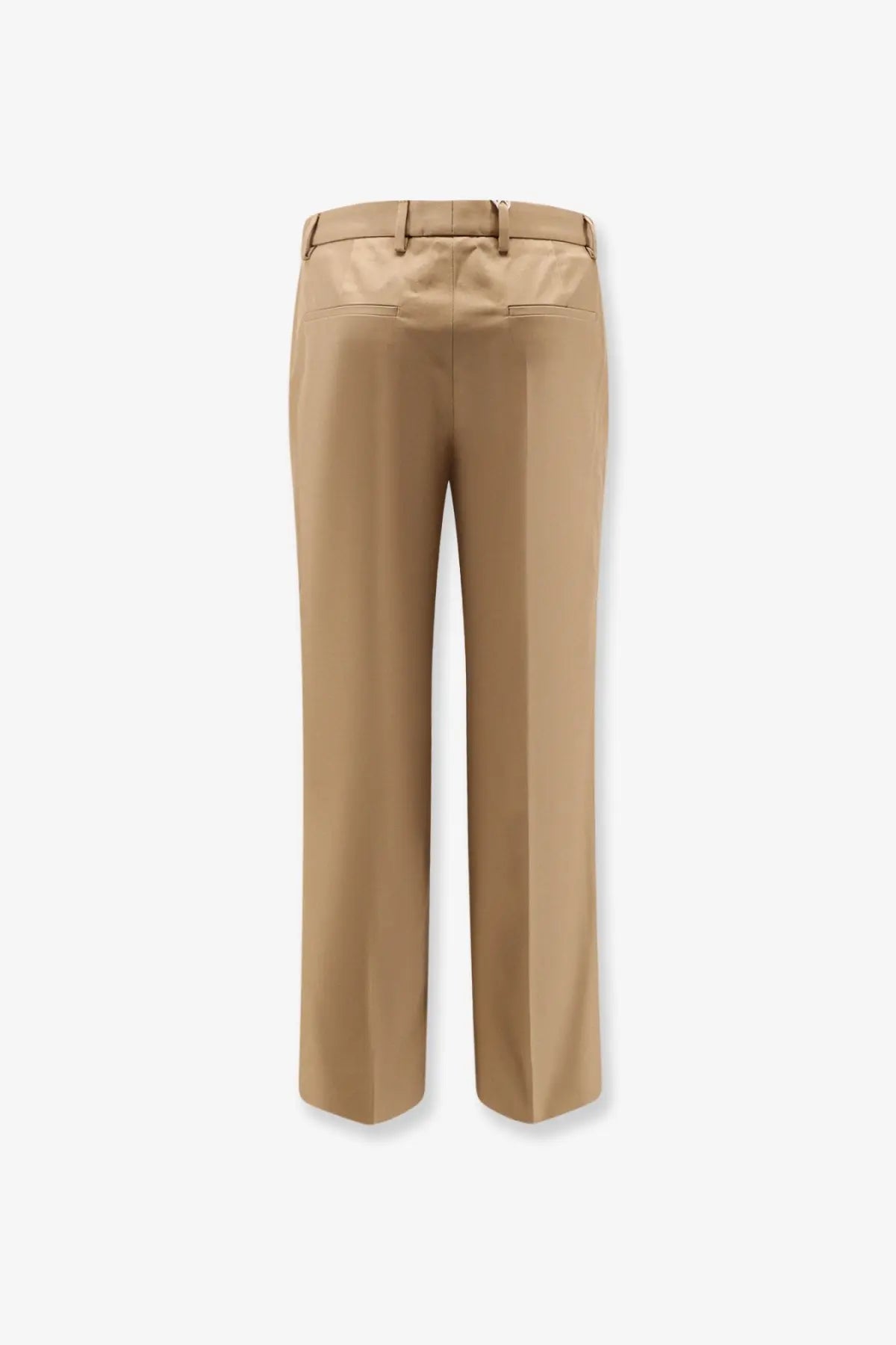 Gucci men’s beige cotton trousers with a sleek tailored fit and subtle creasing along the wide legs