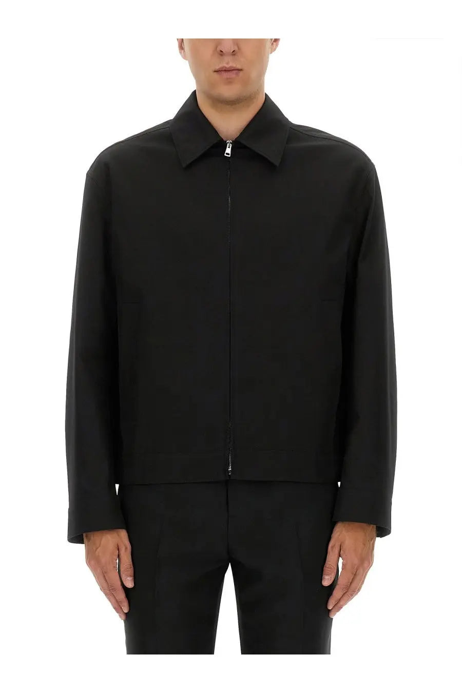 Gucci men’s black cotton twill jacket with zip front and structured collar in a sleek minimalist design
