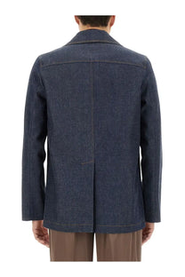 Gucci men’s dark blue denim blazer with a classic collar and clean straight seams in blue denim material