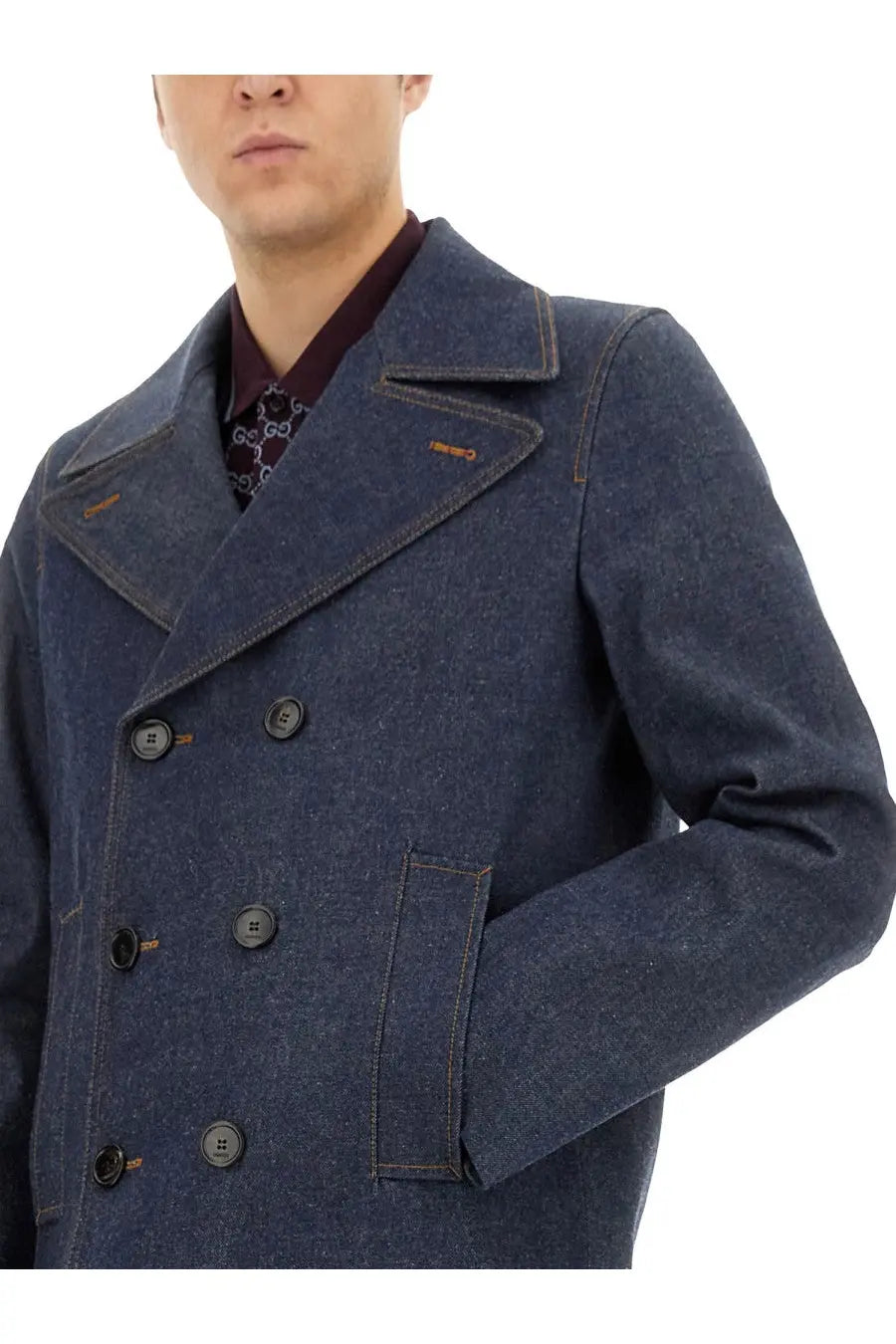 Gucci men’s dark blue denim double-breasted coat with black buttons and contrasting stitching