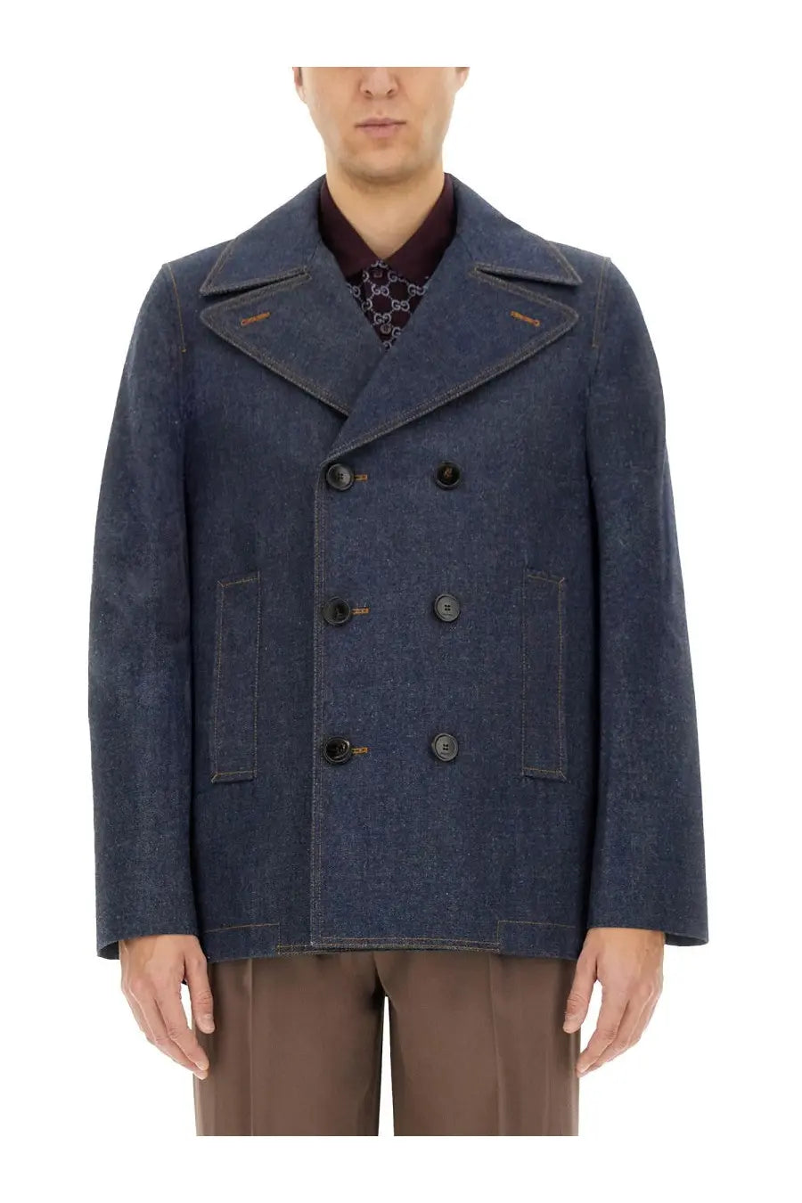 Gucci men’s dark blue denim double-breasted peacoat with black buttons and subtle stitching details