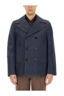 Gucci men’s dark blue denim double-breasted peacoat with black buttons and subtle stitching details