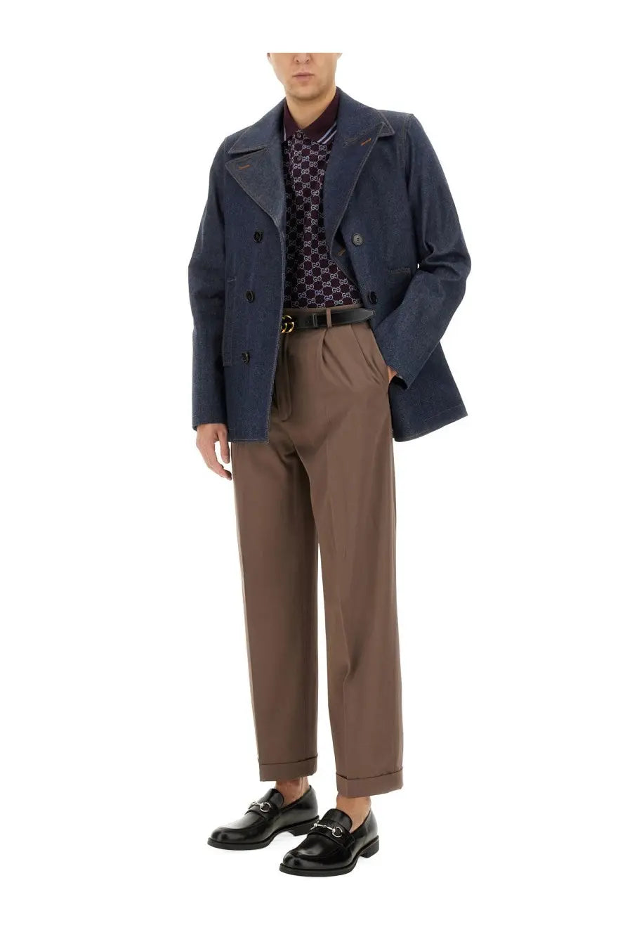 Navy blue double-breasted wool blazer with notched lapels and black buttons in Gucci men’s denim jacket blue style