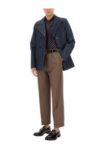 Navy blue double-breasted wool blazer with notched lapels and black buttons in Gucci men’s denim jacket blue style