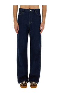 Gucci men’s denim pants in dark indigo with straight-leg cut and classic five-pocket design