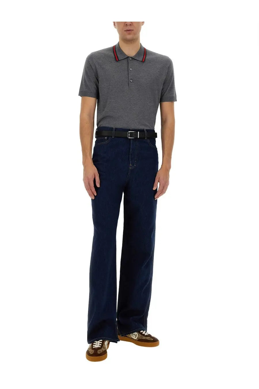Navy blue Gucci men’s denim pants with straight-leg cut and belt loops made from durable denim fabric
