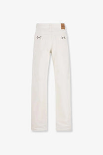 Cream-colored Gucci men’s denim trousers with horsebit logo, classic straight-leg cut, and subtle stitching details