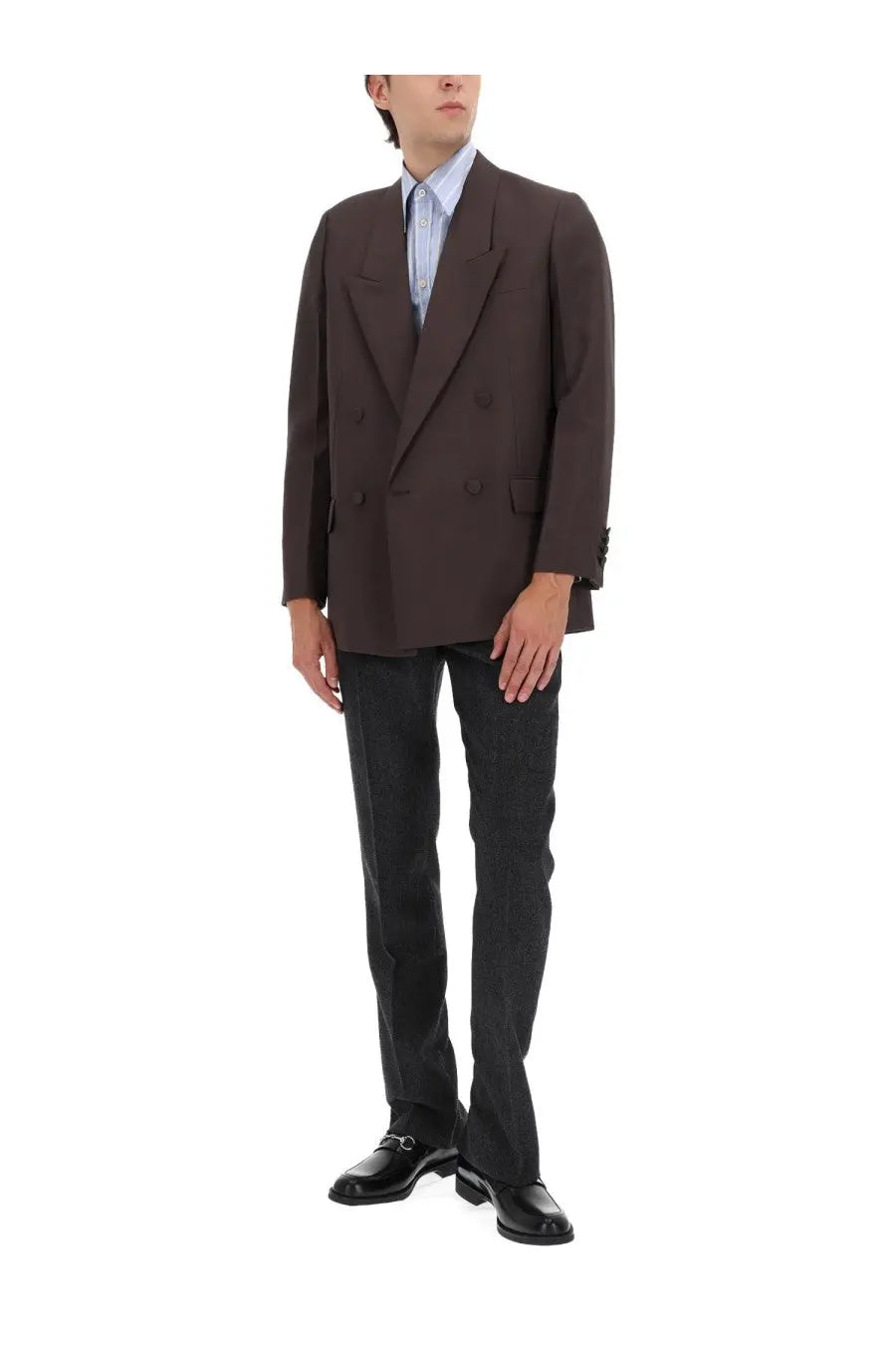 Gucci men’s tailored brown double-breasted blazer with notched lapels and two flap pockets