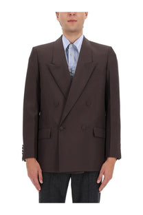 Gucci men’s tailored dark brown double-breasted suit jacket with notched lapels and flap pockets
