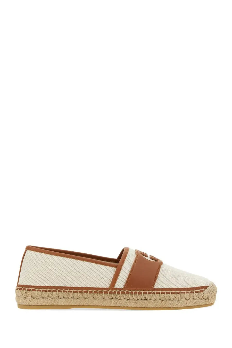 Gucci men’s espadrilles cream-colored canvas slip-on shoes with tan leather accents and braided jute sole