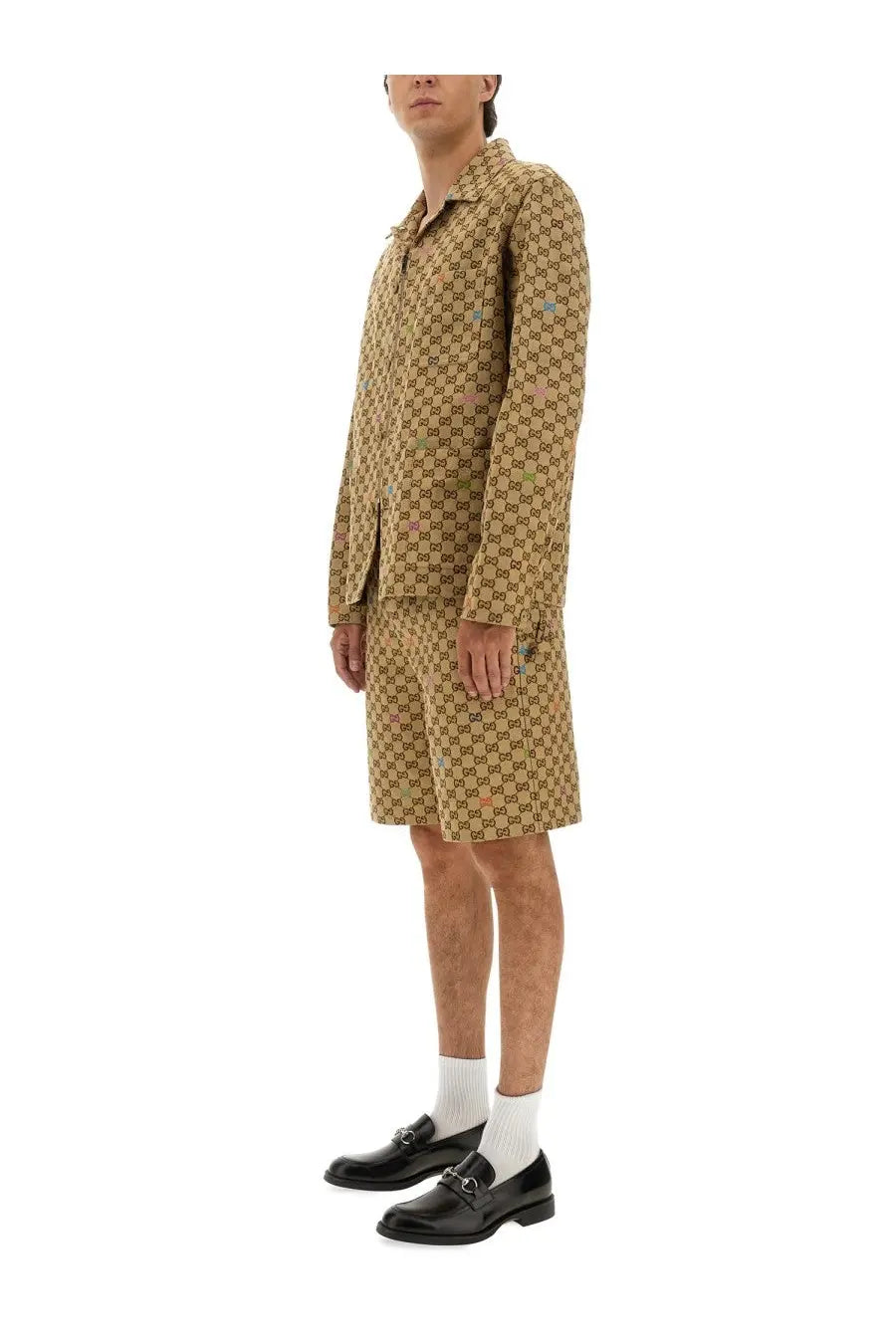 Beige gucci men’s fabric jacket featuring gg supreme patterned suit set ideal for stylish formal wear