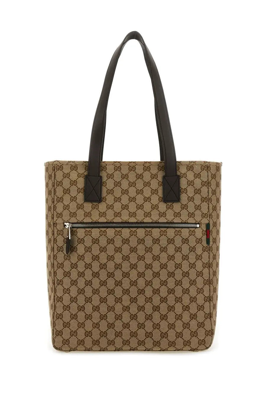 Beige and brown gucci gg supreme canvas tote bag with black leather handles for men’s fabric shopping use