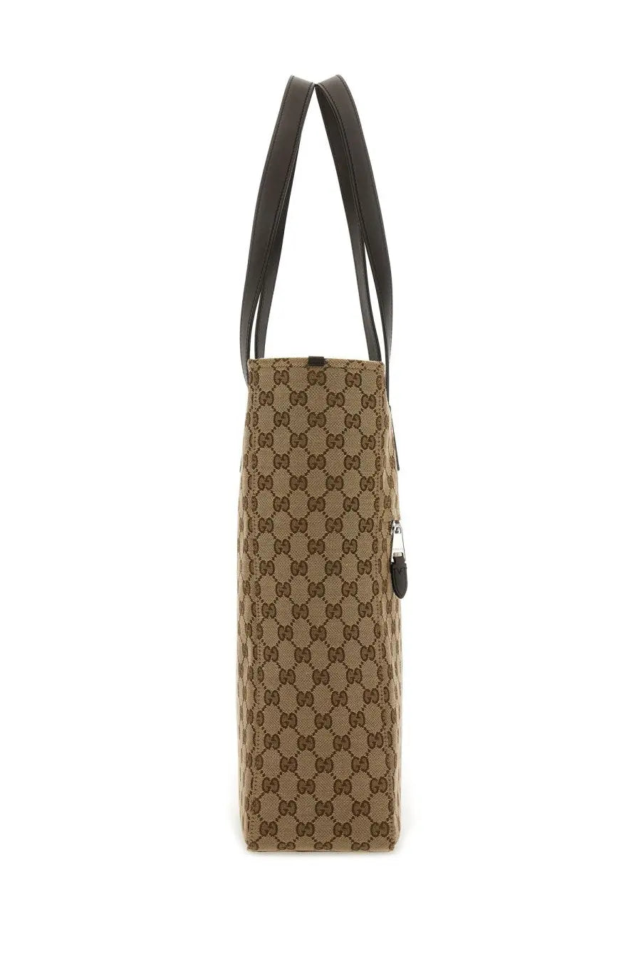 Beige and brown Gucci GG Supreme canvas tote bag with black leather handles for men shopping bag medium brown