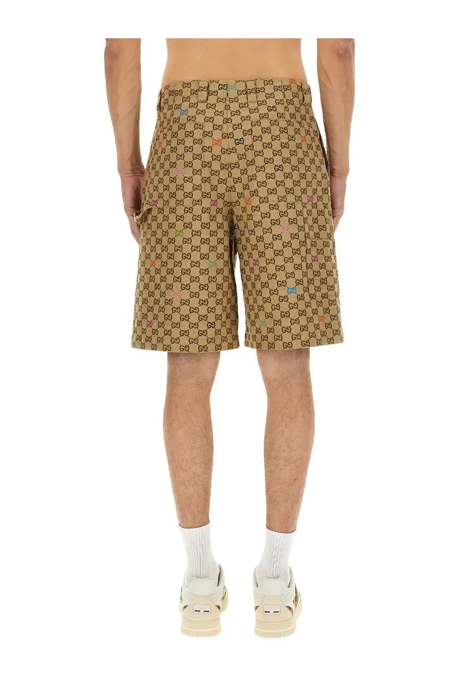 Gucci men’s fabric shorts beige with tan color and repeating gg monogram pattern in brown and beige