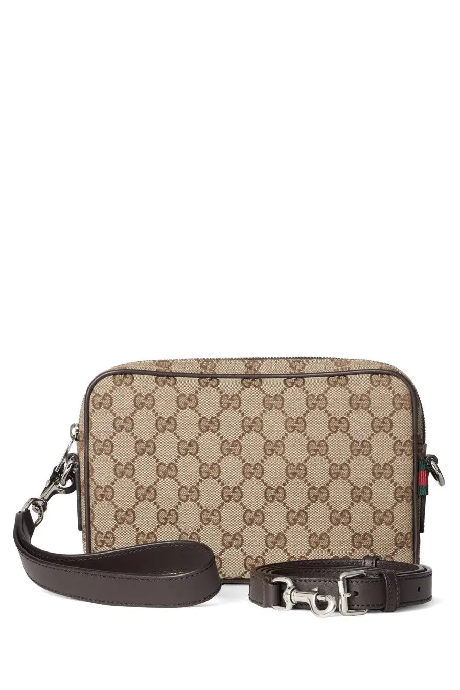 Beige and brown gucci gg supreme canvas crossbody bag with detachable dark brown leather strap for men