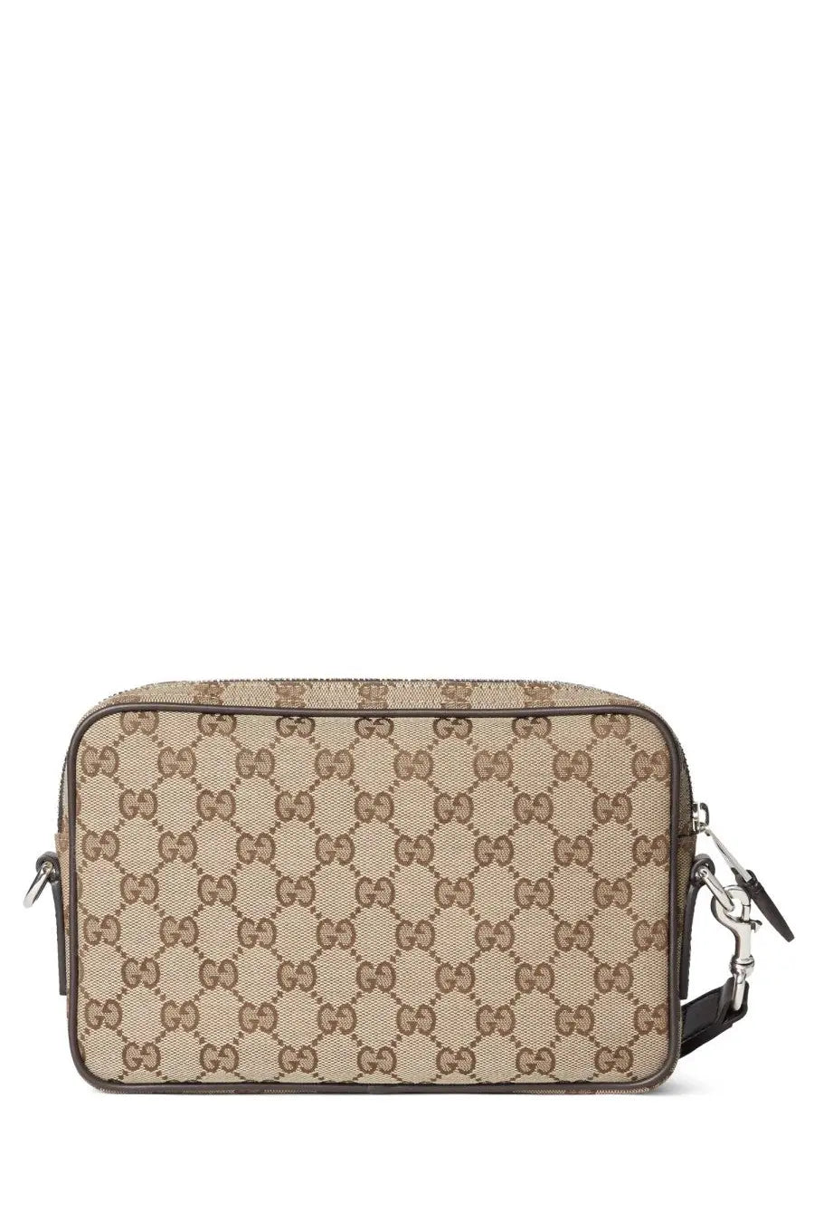 Beige and brown gucci men’s fabric shoulder bag gg small canvas with black leather trim and adjustable strap