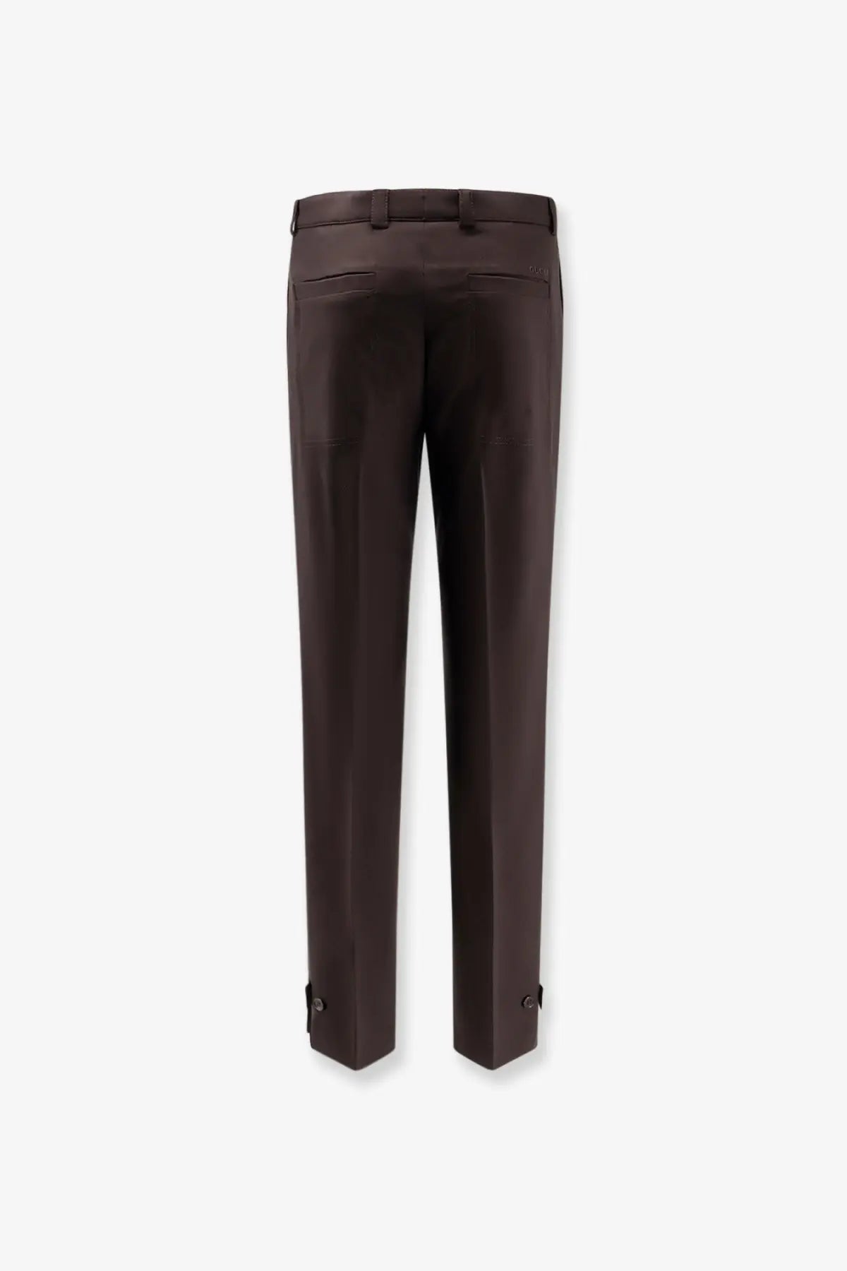 Gucci men’s brown gabardine wool trousers with dark brown tailored straight-leg cut and buttoned ankle cuffs