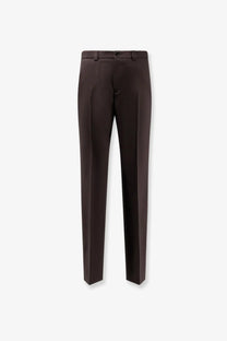 Gucci men’s brown gabardine wool trousers with dark brown tailored straight-leg cut and subtle front pleats