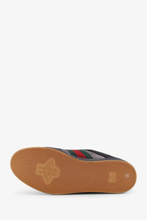 Gucci men’s gray suede sneakers with tan rubber sole embossed bee logo and red green black striped band