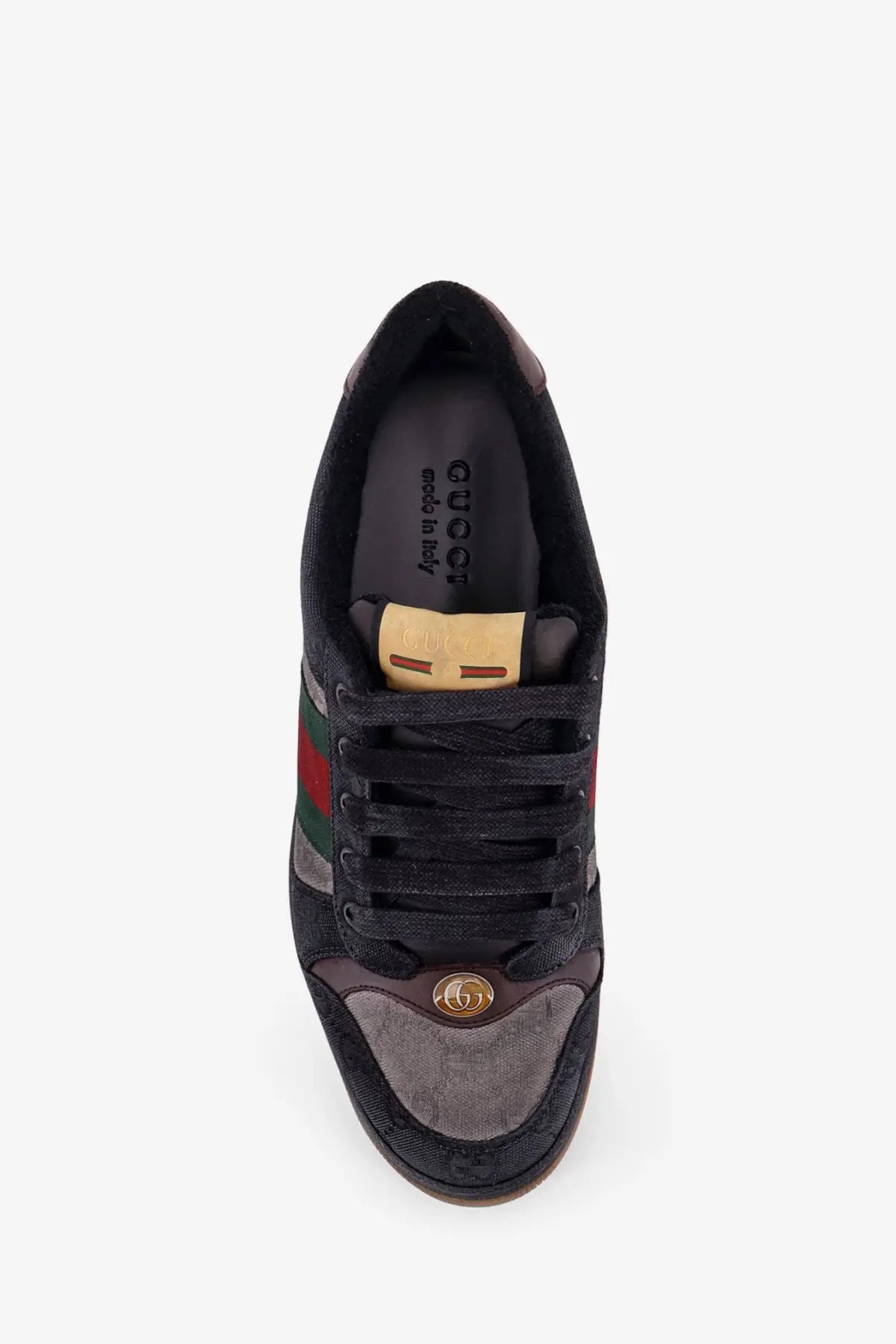 Gucci men’s gg bicolor fabric sneaker in black with red green stripes gold-tone logo and textured fabric panels